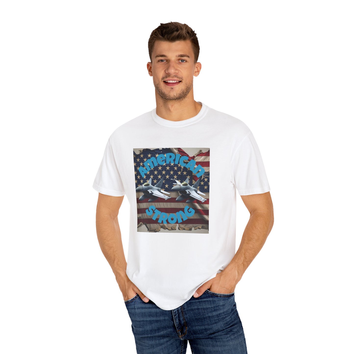Patriotic T-shirt - 'America Strong' - Unisex Garment-Dyed Top for Independence Day, Veterans Day, Casual Wear, Gifts