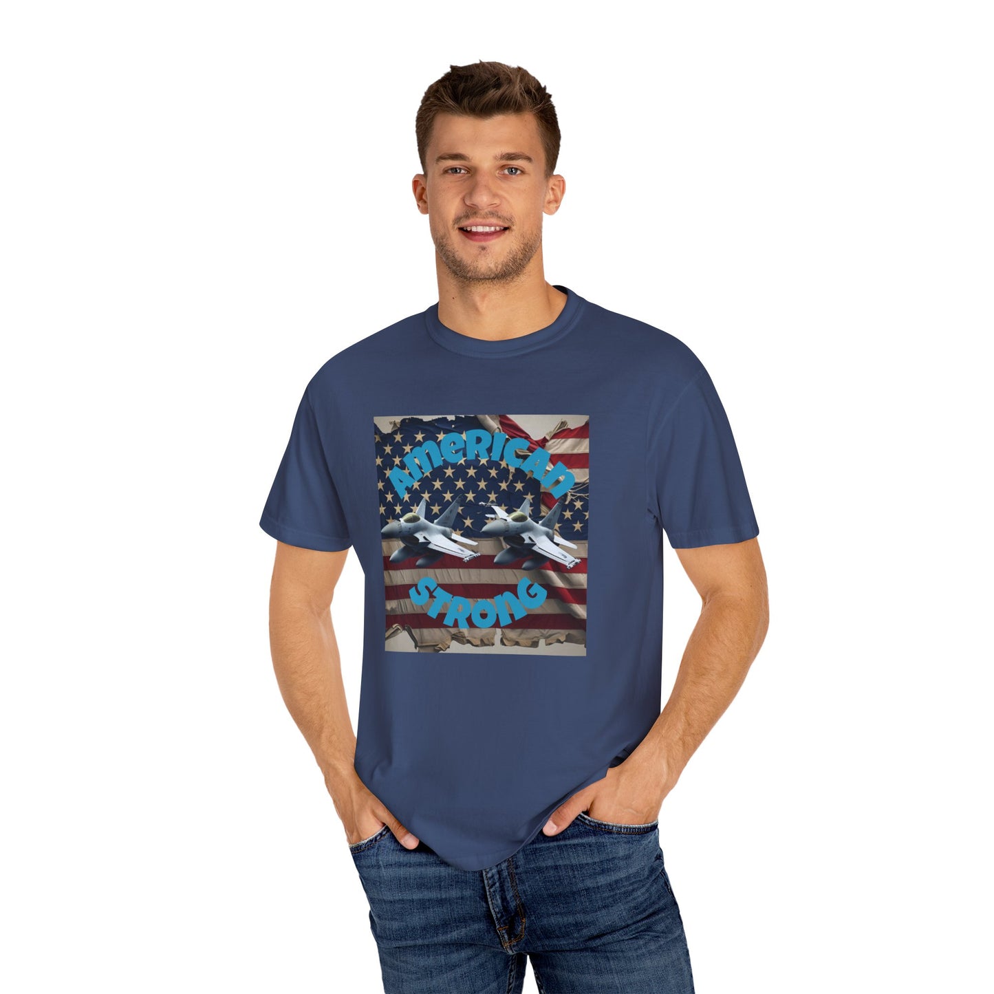 Patriotic T-shirt - 'America Strong' - Unisex Garment-Dyed Top for Independence Day, Veterans Day, Casual Wear, Gifts