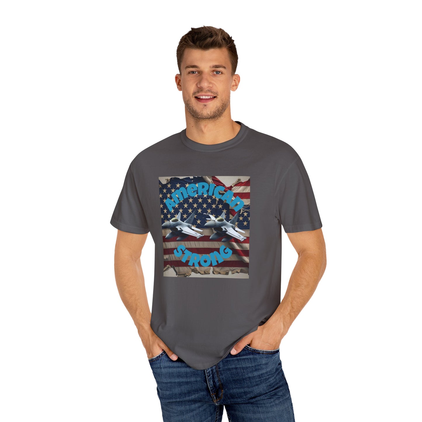 Patriotic T-shirt - 'America Strong' - Unisex Garment-Dyed Top for Independence Day, Veterans Day, Casual Wear, Gifts