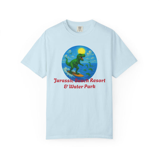Surfing Dinosaur Resort T-Shirt - Unisex Beachwear, Vacation Tee, Summer Fun, Child-Friendly, Jurassic Theme