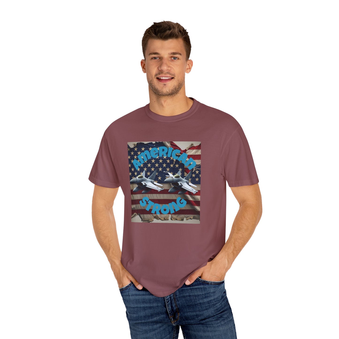 Patriotic T-shirt - 'America Strong' - Unisex Garment-Dyed Top for Independence Day, Veterans Day, Casual Wear, Gifts