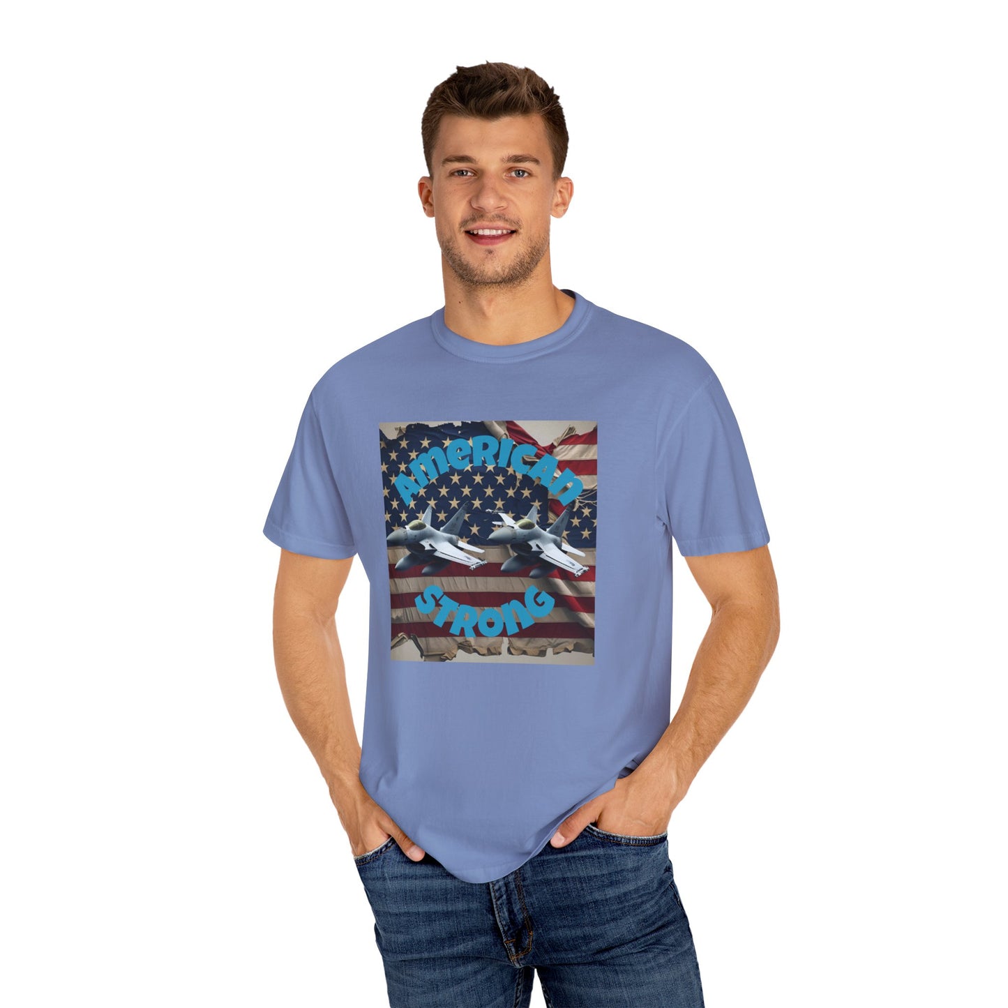 Patriotic T-shirt - 'America Strong' - Unisex Garment-Dyed Top for Independence Day, Veterans Day, Casual Wear, Gifts