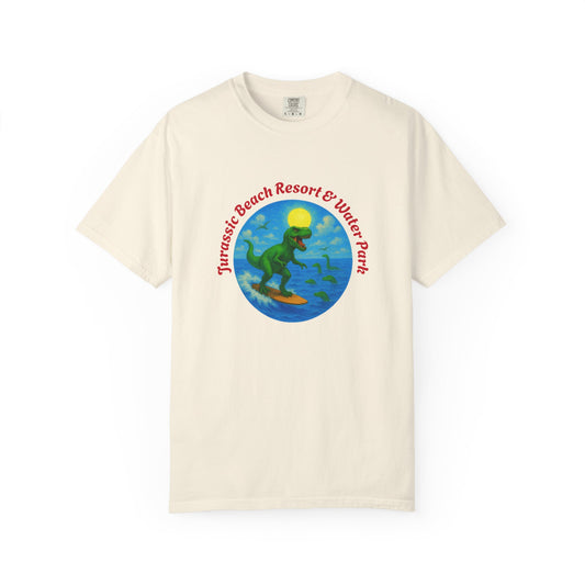 Surfing Dinosaur T-Shirt - Unisex Beachwear, Vacation Tee, Summer Fun, Child-Friendly, Jurassic Theme