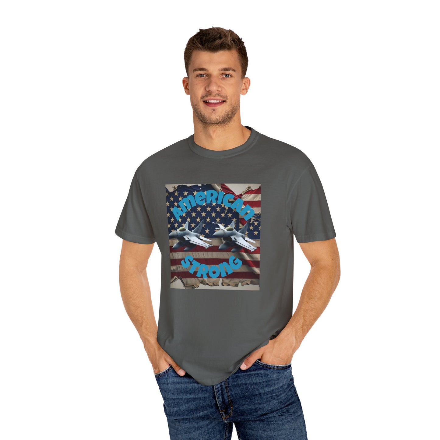 Patriotic T-shirt - 'America Strong' - Unisex Garment-Dyed Top for Independence Day, Veterans Day, Casual Wear, Gifts